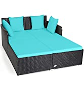 COSTWAY Outdoor Sofa Bed, 3 in 1 Convertible Cushioned Loveseat Lounger Couch with Folding Armres...