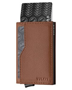 VULKIT Credit Card Holder with Double ID Window Leather Passcase Wallet RFID Blocking Automatic Pop Up Card Wallet for Cards & Notes