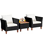 COSTWAY 3 PCS Rattan Furniture Set, Sectional Patio Bistro Set with 2 Chairs and Coffee Table, Ou...