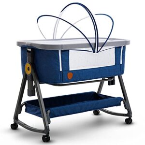 Maydolly Baby Bedside Crib - Portable Baby Co-Sleeper Rocker Travel Bed with Breathable Net and Sheets - Adjustable Mattress Bassinet for Infants Newborn Blue