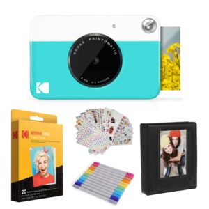 KODAK Printomatic Instant Camera (Blue) Gift Bundle + Zink Paper (20 Sheets) + Case + 7 Sticker Sets + Markers + Photo Album