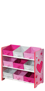 Children's shelf, shelf, children's room, tidy, tidy, fabric boxes, pink, white, hearts, girls.