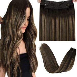 LaaVoo Brown Ombre Halo Hair Extensions Human Hair 16inch Invisible Wire Human Hair Extensions Balayage Light Brown Real Hair Fishing Line Remy Hair Extensions Brown with Clips Hair Piece 80g