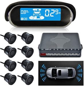 Baceyong Car Parking Sensor Front and Rear View Dual Core Reverse Radar System N8P4L Four Voice Switchable LCD Display Kit with 8 Black Sensors