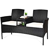 COSTWAY 2-Seater Garden Loveseat, Solid Wood Bench Seat with Coffee Table and Umbrella Hole, Outd...