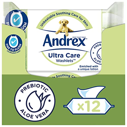 Andrex Ultra Care Washlets - Flushable Toilet Wipes - Soothing Care for Skin - Contains Aloe Vera and Prebiotic Lotion- Biodegradable and Plastic-Free - 12 Packs