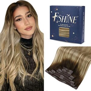 Fshine Hair Extensions Clip in Double Weft 16 Inch/40CM 120g Dark Brown Fading to Ash Brown and Light Blonde Hair Extensions Human Hair 7Pcs Clip in Hair Extensions Real Human Hai