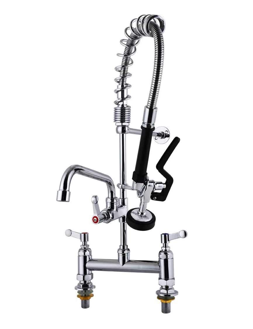Commercial Pre-Rinse Kitchen Sink Taps with Pull Down Sprayer 7 Inch Center Mixer Faucets Dish Washing Brass Constructed Polished Chrome 7"Center Deck Mounted add-on 8" Swing Spout