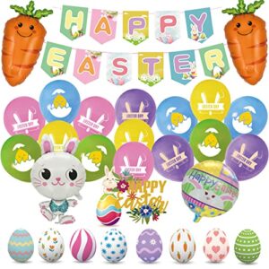 Easter Decorations Balloons Happy Easter Banner Garlands Colorful Easter Eggs Cake Toppers Cute Bunny Carrot Foil Balloon 30 Pieces Easter Gifts for Kids Spring Themed Party Home Garden Backdrop