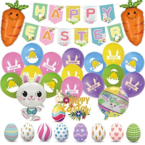 Easter Decorations Balloons Happy Easter Banner Garlands Colorful Easter Eggs Cake Toppers Cute Bunny Carrot Foil Balloon 30 Pieces Easter Gifts for Kids Spring Themed Party Home Garden Backdrop