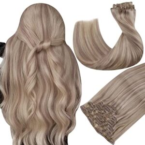 Hetto Clip in Hair Extensions Human Hair Clip in Extensions Straight Real Human Hair Extensions Clip on Ash Blonde with Bleach Blonde #18/613 Full Head 14Inch 120g