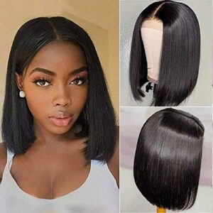Short Straight Bob Wigs Brazilian Virgin Human Hair Lace Closure Wigs Human Hair Wig 4x4 Lace Part 150% Density Human Hair Wigs for Black Women Natural Color 14Inch(35cm)