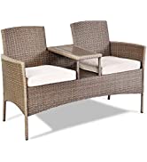 COSTWAY 3 in 1 Separable Garden Loveseat, Acacia Wood 2-Seater Chair with Coffee Table and Remova...