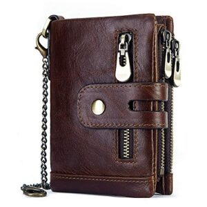 Mens Wallet with Chain RFID Blocking Men's Genuine Leather Wallet Bifold Wallet with Credit Card Holder and Zipper Coin Pocket Purse