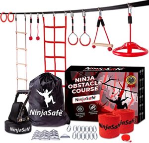 Ninja Obstacle Course for Kids Backyard - 10 Durable Obstacles and 15m Slackline - Outdoor Playset Equipment for Girls & Boys with Climbing Net & Ladder