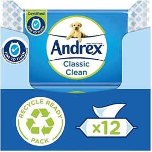 Andrex Classic Clean Washlets - 12 Packs - Flushable Toilet Tissue Wet Wipes with Micellar Water - Biodegradable & Plastic-Free - Use with regular Andrex Toilet Roll for a Shower Fresh Clea