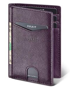 VULKIT Credit Card Holder RFID Blocking Slim Leather Wallet Anti Scan Bank Card Holder Quick Access with 10 Slots (Cross Purple)