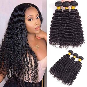 Brazilian Virgin Deep Wave Bundles 100% Unprocessed Deep Curly Human Hair 3 Bundles Deep Human Hair Weave Natural Color (12 14 16Inch