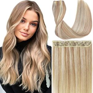 Ugrace Hair Fishing line Hair Extensions Real Human Hair Light Blonde Highlighted Golden Blonde 14 inch 70g Hairpiece with Invisible Fish Line Straight Clip in Human Hair Extensions for Wome