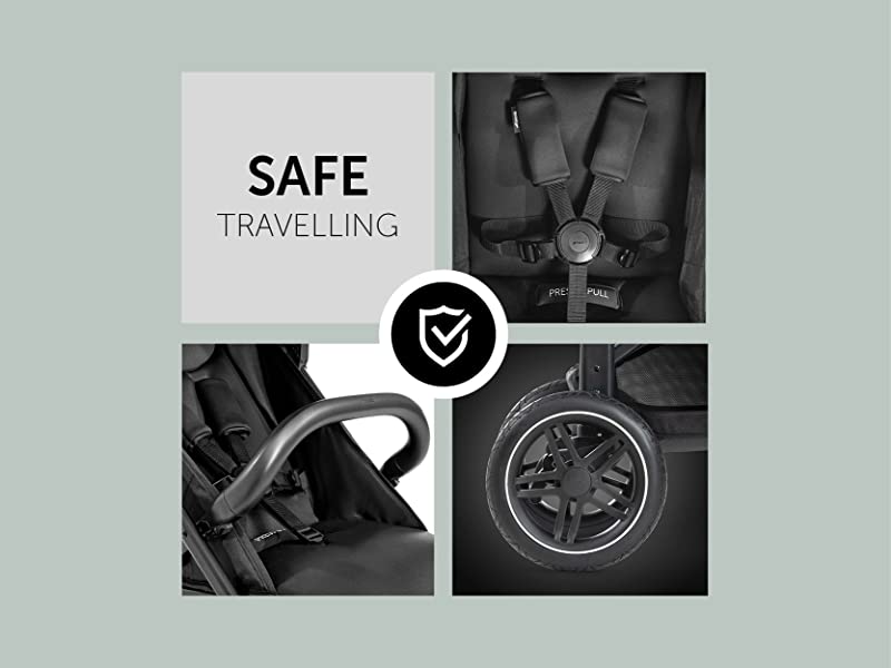 safe thanks to 5-point harness, removable bumper bar and white lines on wheels