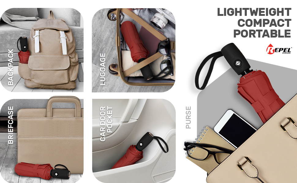 Compact umbrella fits in purses, backpacks, luggage, cars, and briefcases