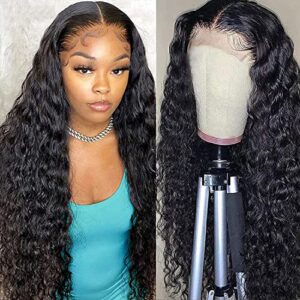 Water Wave Wigs Unprocessed Human Hair Lace Frontal Wigs Wet Wavy Human Hair Wig Brazilian Deep Curly Transparent Lace Front Wigs for Black Women Water Wave Lace Wig Pre Plucked With Baby Hair 16Inch