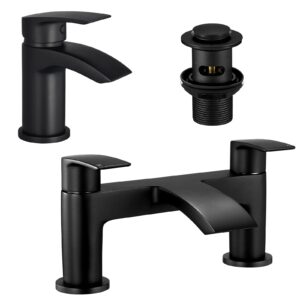 Mighbow Bath and Basin Mixer Taps Set with Pop up Waste Matte Black Waterfall Bathroom Sink Tap & Bathtub Filler Tap Cloakroom Mono Brass