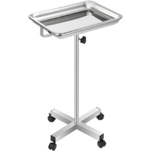 VEVOR Mayo Tray Stainless Steel Mayo Stand 18x14 Inch Trolley Mayo Tray Stand Adjustable Height 32-51 Inch Removable Tray & 4 Omnidirectional Wheels for Personal Care Max Load 25kg