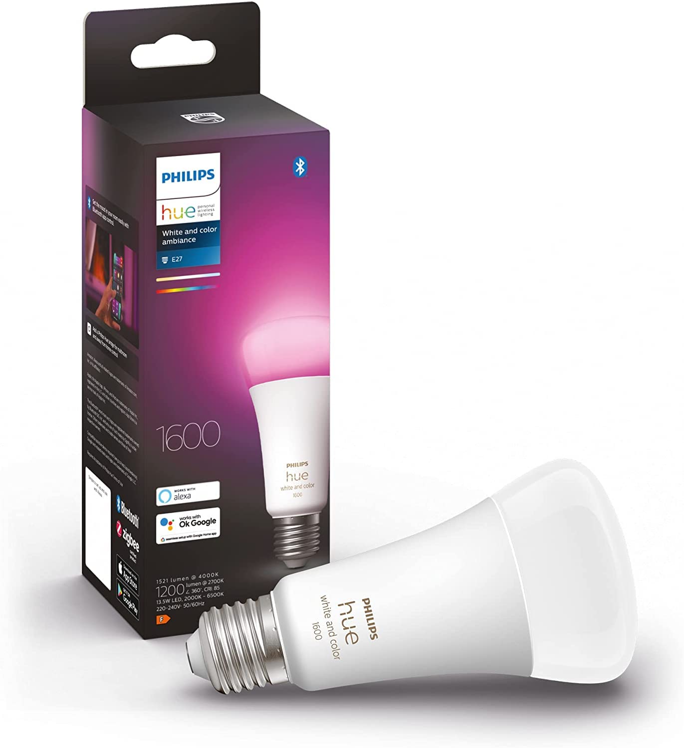 Philips Hue White and Colour Ambiance Smart Light Bulb 100W - 1600 Lumen [E27 Edison Screw] With Bluetooth. For Indoor Home Lighting