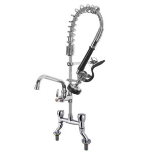 2 Hole Adjustable Bridge Sink Tap Commercial Kitchen Pre-Rinse Mixer Faucet with Swivel Spout and High Pressure Spray Gun Brass Body Chrome Plated