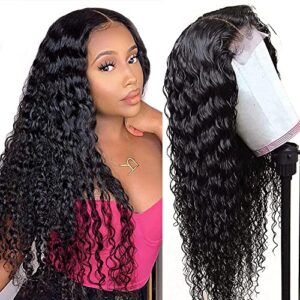 4x4 Deep Wave Lace Closure Wigs Brazilian Deep Curly Lace Front Wigs Wet Wavy Human Hair Pre Plucked Hairline with Baby Hair Glueless Deep Wave Peruvian Virgin Human Hair Wigs for Black Women 24 Inch