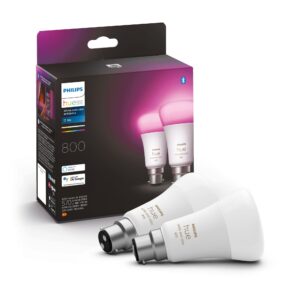 Philips Hue White & Colour Ambiance Smart Bulb Twin Pack LED [B22 Bayonet Cap] - 800 Lumens (60W equivalent). Works with Alexa