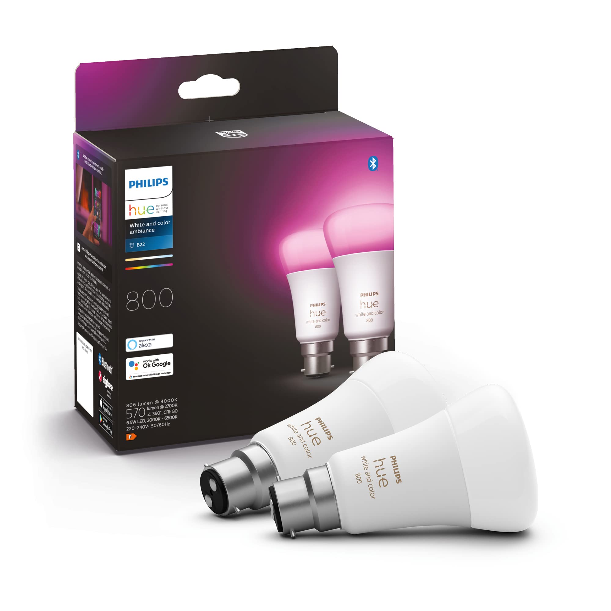 Philips Hue White & Colour Ambiance Smart Bulb Twin Pack LED [B22 Bayonet Cap] - 800 Lumens (60W equivalent). Works with Alexa
