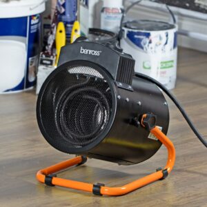 Benross 42458 Deluxe Industrial Fan Heater / Adjustable Thermostatic Control / Cool Air Setting / Tilting Design / Portable With Carry Handle / IPX4 Waterproof / Orange Frame