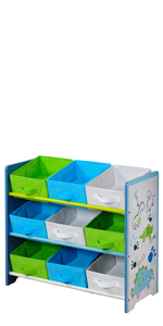 Children's shelf, shelf, children's room, tidy, tidy, dinosaur, white, blue, green, boys, fabric boxes.