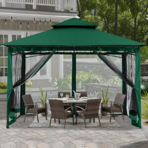 ABCCANOPY 3x3M Gazebos With Netting for Patios Double Roof Soft Canopy Garden Backyard Gazebo for Shade and Rain (Forest Green)