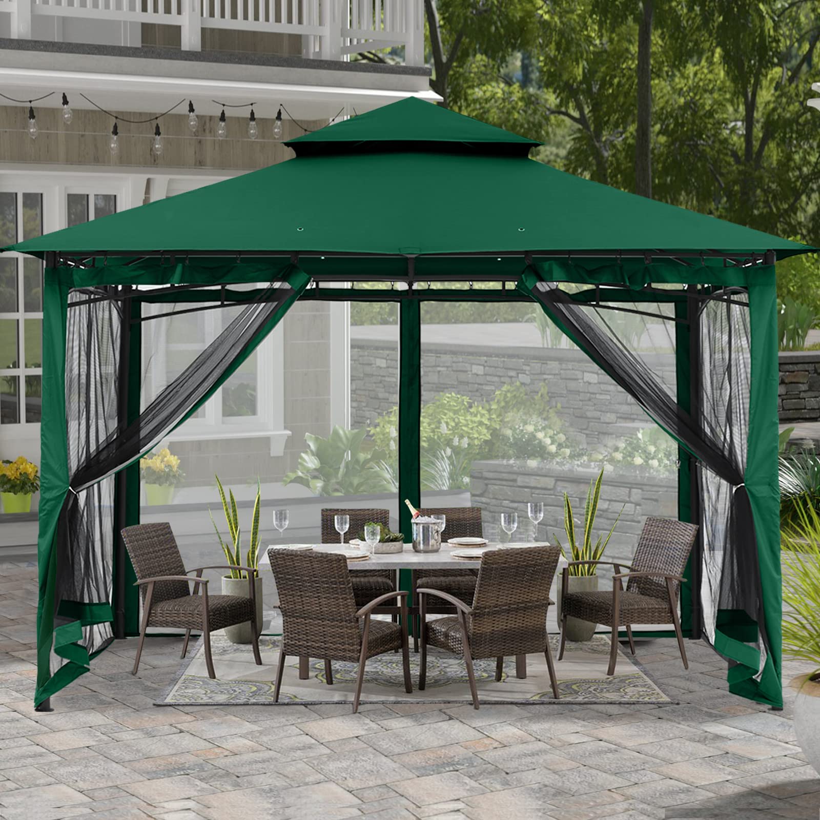 ABCCANOPY 3x3M Gazebos With Netting for Patios Double Roof Soft Canopy Garden Backyard Gazebo for Shade and Rain (Forest Green)