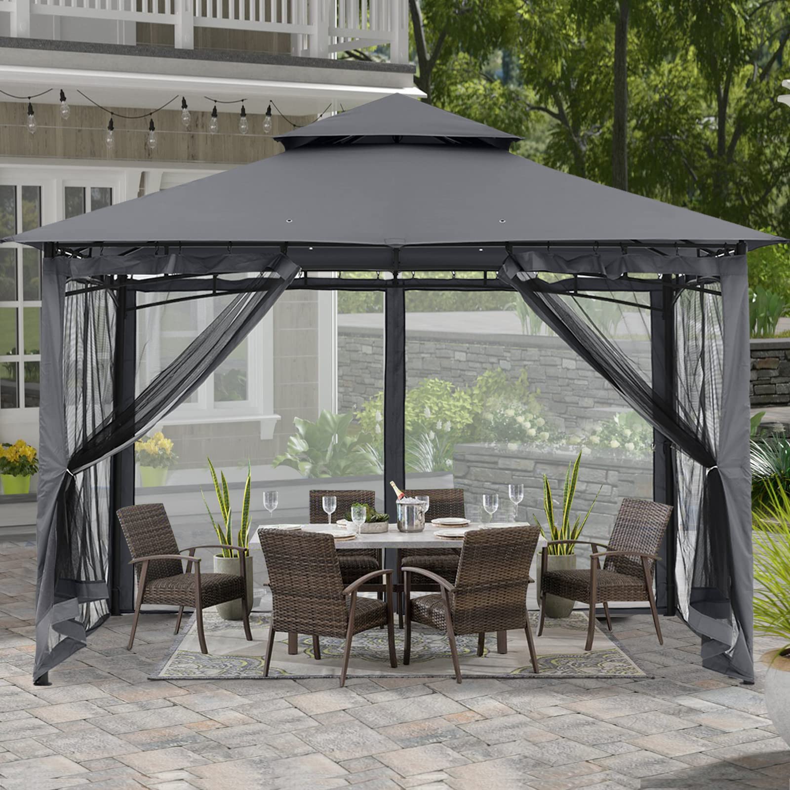 ABCCANOPY 2.5x2.5M Gazebos With Netting for Patios Double Roof Soft Canopy Garden Backyard Gazebo for Shade and Rain (Gray)