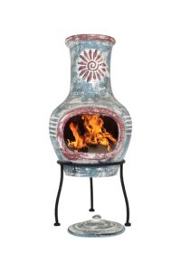 La Hacienda 67034 Swirl Clay Chimenea - Patio Heater - Handmade - Traditional - Log Burner - Sea Blue & Red with Protective Rain Lid and Solid Metal Stand