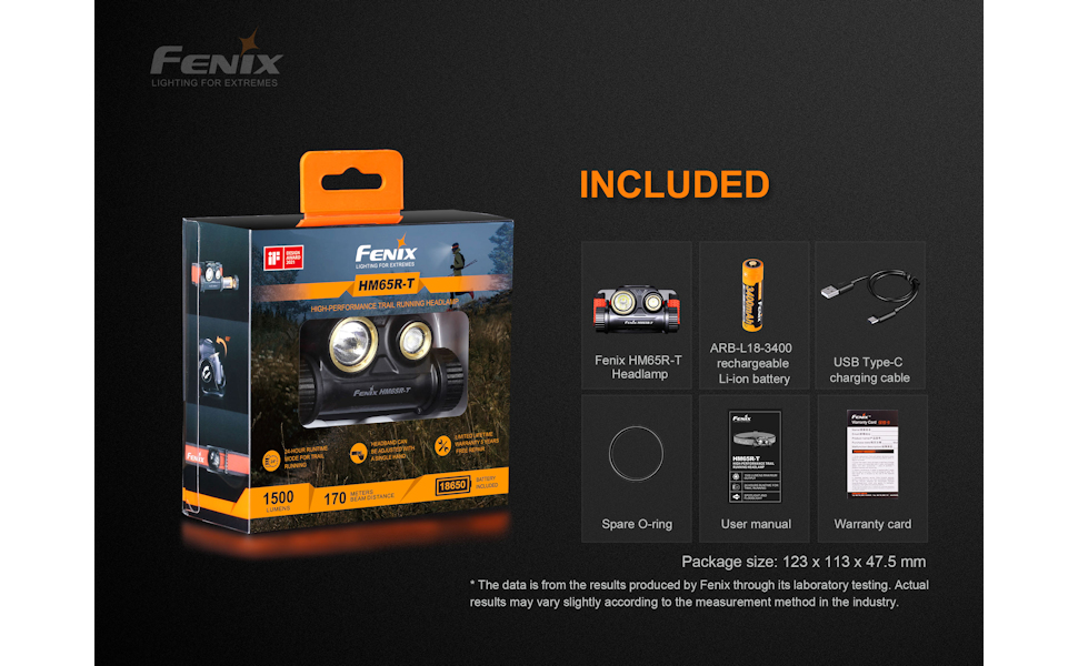 Fenix HM65R-T - Trail Running Rechargeable Headlamp package & contents