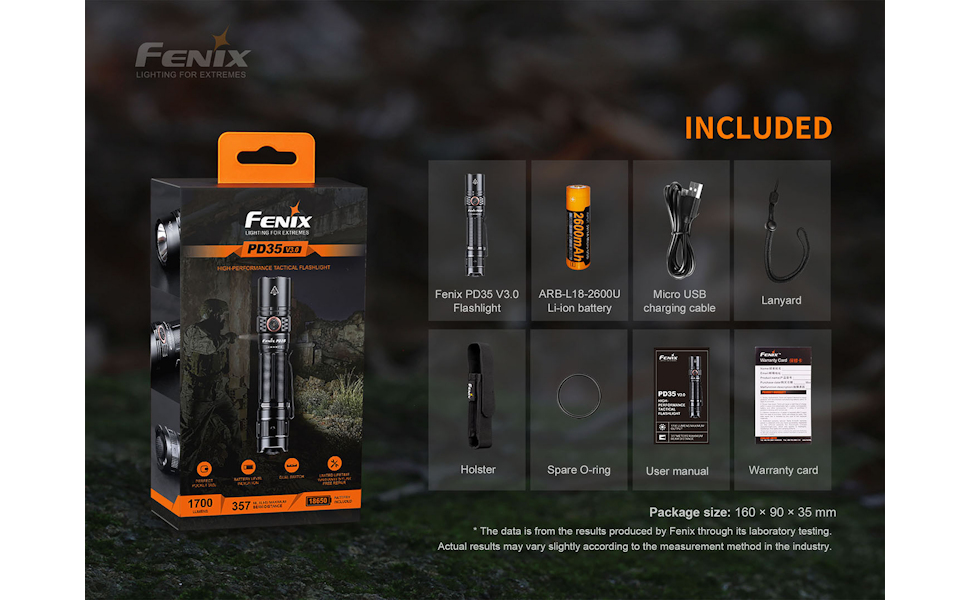 Fenix PD35 V3.0 & 2600U Battery Package & Contents