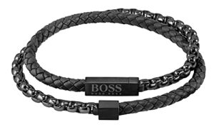 BOSS Jewelry Men's BLENDED Collection Leather & Steel Bracelet Black - 1580150S