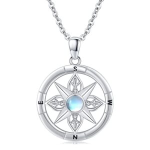 SlowSloth Compass Necklace 925 Sterling Silver Moonstone Compass Necklace for Women Compass Pendant Necklace Moonstone Jewellery Gifts for Women Girls Wife