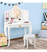COSTWAY Girls Dressing Table and Stool, Wooden Children Vanity Tables with Large Drawer and Mirro...
