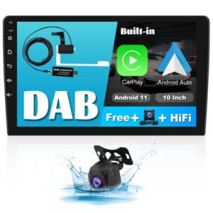 Hikity 10" Double Din Android 11 Car Stereo with Apple CarPlay Android Auto 10" Touch Screen Android Car Radio with DAB/DAB+ Box with Sat Nav WiFi BT HiFi SWC RCA FM RDS+AHD Reverse Camera