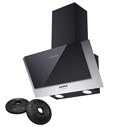 CIARRA CBCB6736C Angled Cooker Hood 60cm with CBCF002X2 Carbon Filters Recirculating & Ducting LED Lights Black Painting&Tempered Glass Wall Mounted Range Hood 600mm Kitchen Extractor Fan            [Energy Class A]
