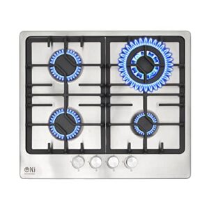 NJ-600S Gas Hob 4 Burner - 60cm Built-in Stainless Steel Cooktop NG/LPG Convertable Cooker with Cast Iron Supports & FFD