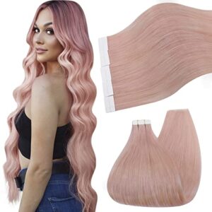 Ugeat Hair Extensions Tape in 24 Inch Hair Extensions Glue in Human Hair Pale Pink Hair Extensions Tape in 25 Grams Hair Extensions Tape in Remy Hair Extensions Pink Hai