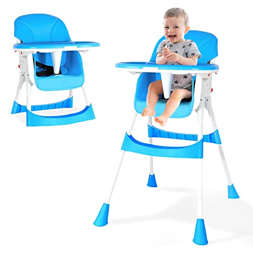 Baby High Chair Feeding Chair Foldable Seat Ajustable Height Dining Table Booster with Detachable Double Tray Safety Belt PU Cushion for Baby Toddlers 6 Months - 4 Years