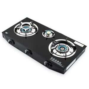 NJ NGB-S3 Indoor Gas Stove - 3 Burner Portable Gas Hob LPG Cooker Cooktop for Caravan Black Glass Freestanding Table Top for Home Kitchen Camping Garden Catering 7.8kW